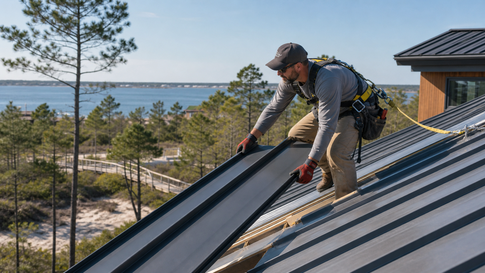 Roofer installing metal standing-seam roof on a Jersey Shore home in Toms River